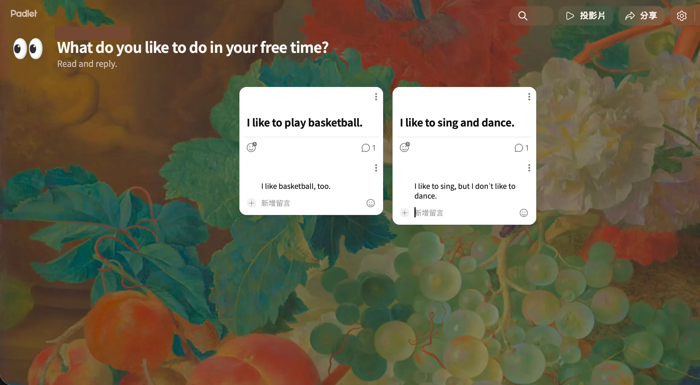 Example Padlet showing two original free-time responses with concise replies beneath them.