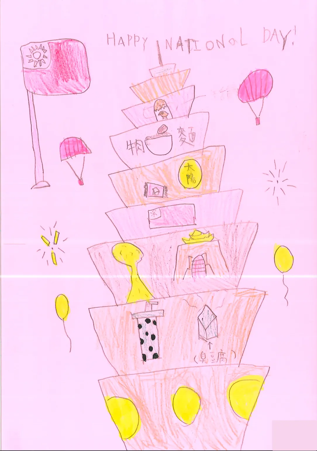 Student poster shaped as a ship, with Taiwanese food and landmarks drawn across its decks.